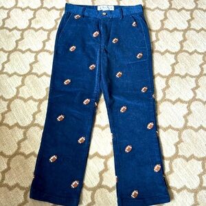 Navy blue boys corduroys with embroidered footballs